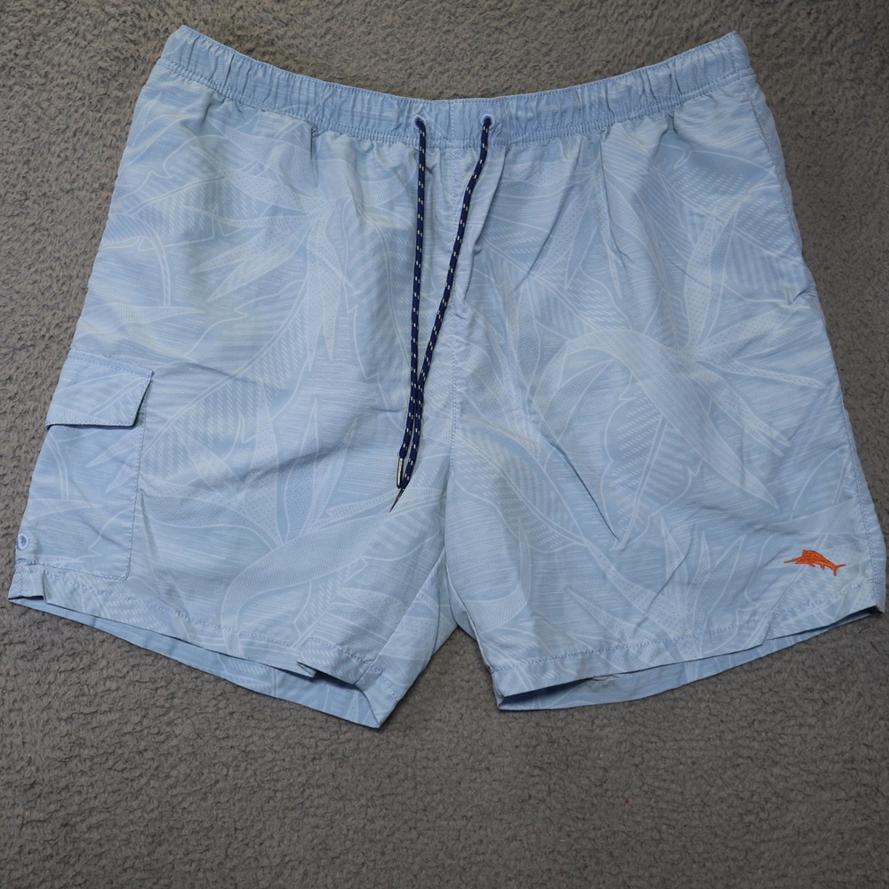 Tommy Bahama Relax Mens Swim Trunks Light Blue Tropical Leaf Cargo Shorts 18.5W
